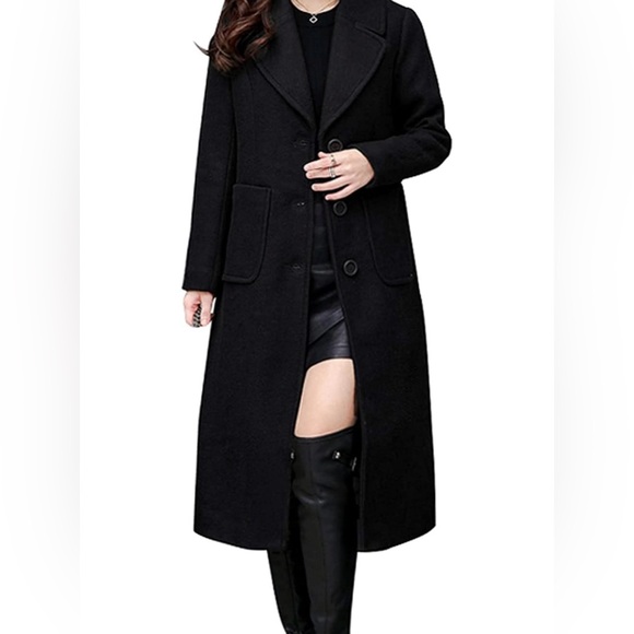 🦋Women's Big Notch Lapel Single Breasted Mid-Long Wool Blend Coat | Black | 2XL - Picture 3 of 6